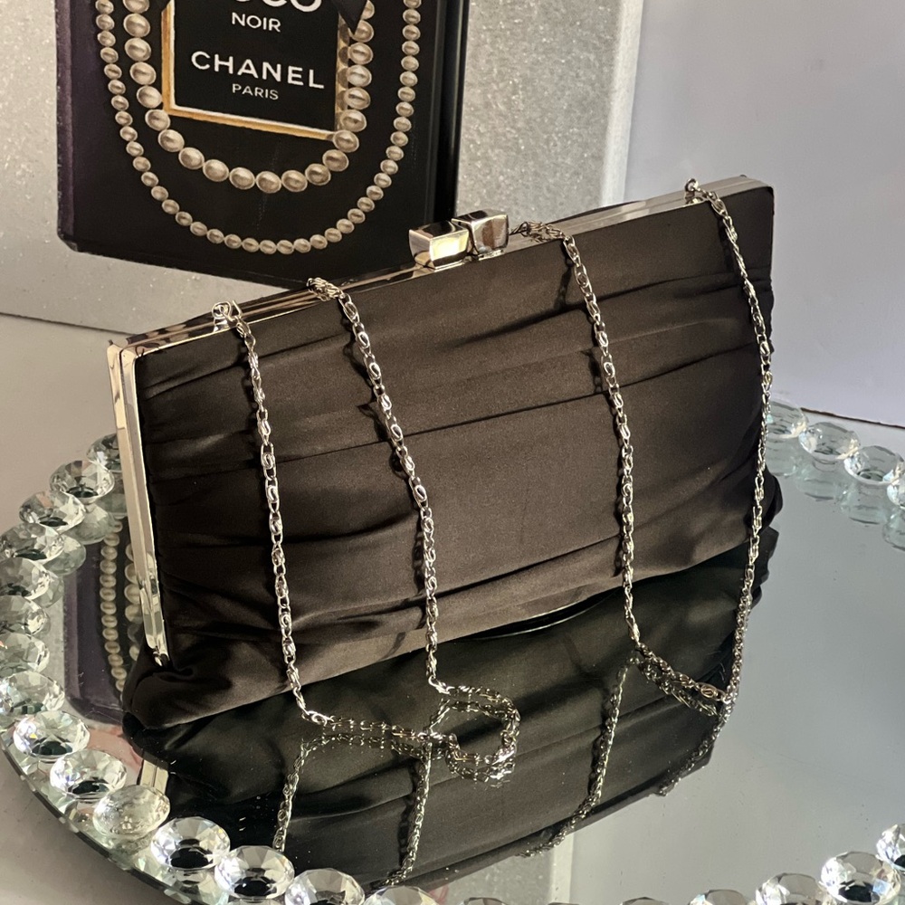 Lulu's Elegant Black Satin Evening Bag with Silver Chain clutch or crossbody